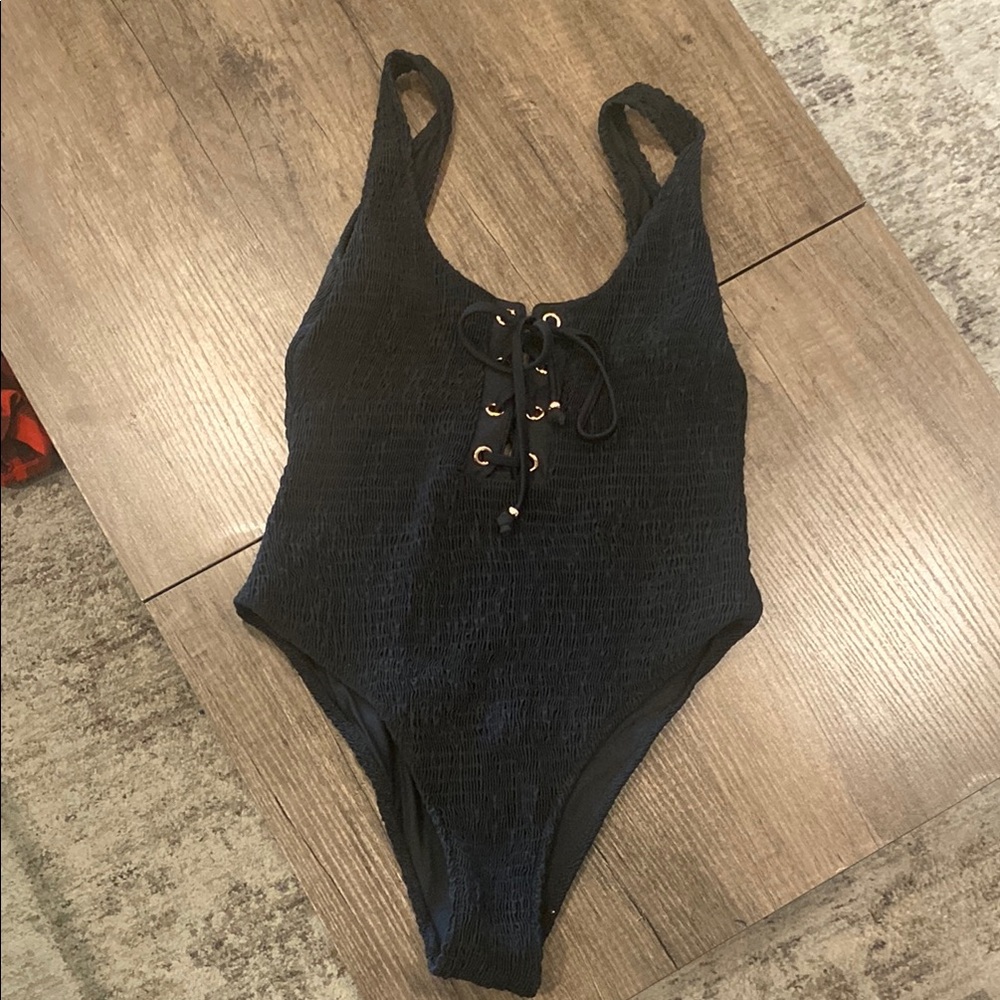 Black Lace-Up One Piece Swimsuit,Sz L
